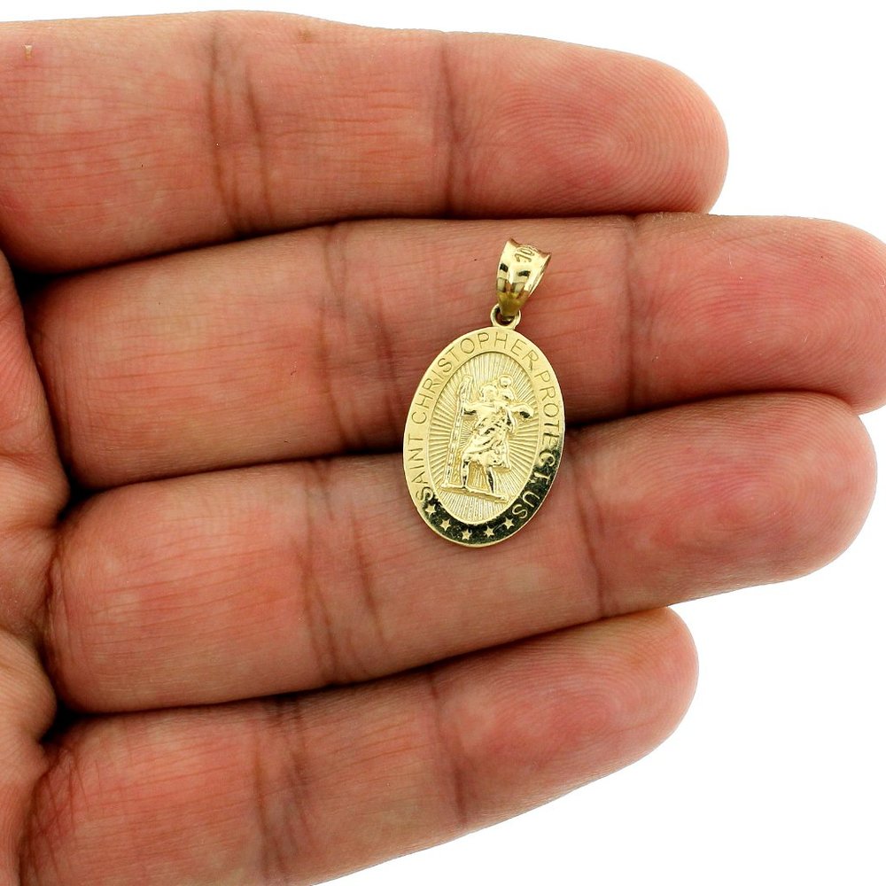 Real 10K Yellow Gold Diamond Cut Saint Christopher Pendant - Picture 2 of 8